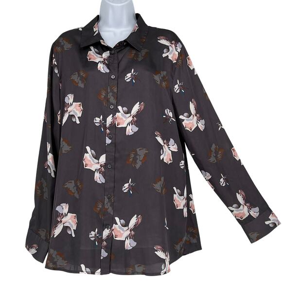Banana Republic Satin Floral Blouse in Gray and Pink Size XL - Picture 1 of 9